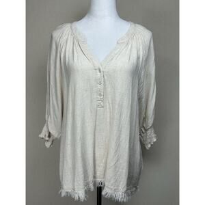 Umgee Women’s Top Linen Blend Sz M Fringed Tan Long Sleeve V-neck 1/4 Button Up